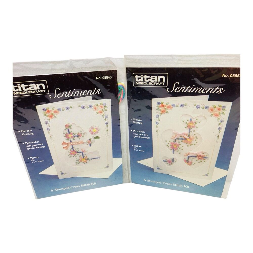 2 Vintage 80's Titan Sentiments Stamped Cross Stitch Kits Cards Hearts & Bear